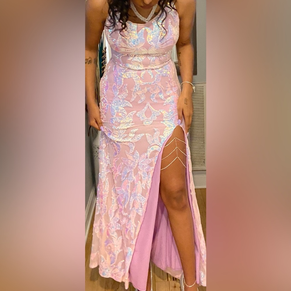 BRAND: Betsy and Adam. SIZE: 8. COLOR: light pink and iridescent.